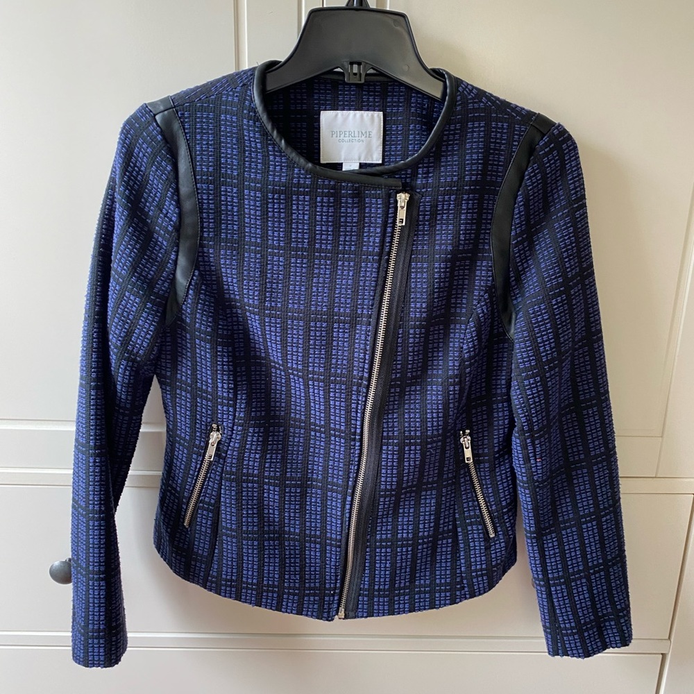 piperlime plaid faux leather blazer exposed zipper